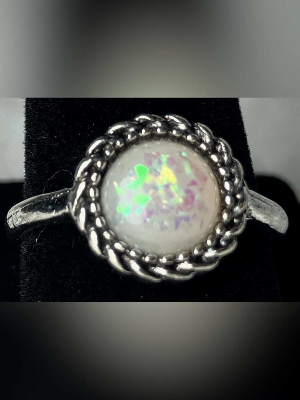 Opalized White Stone Silver-Tone Rope Ring - White